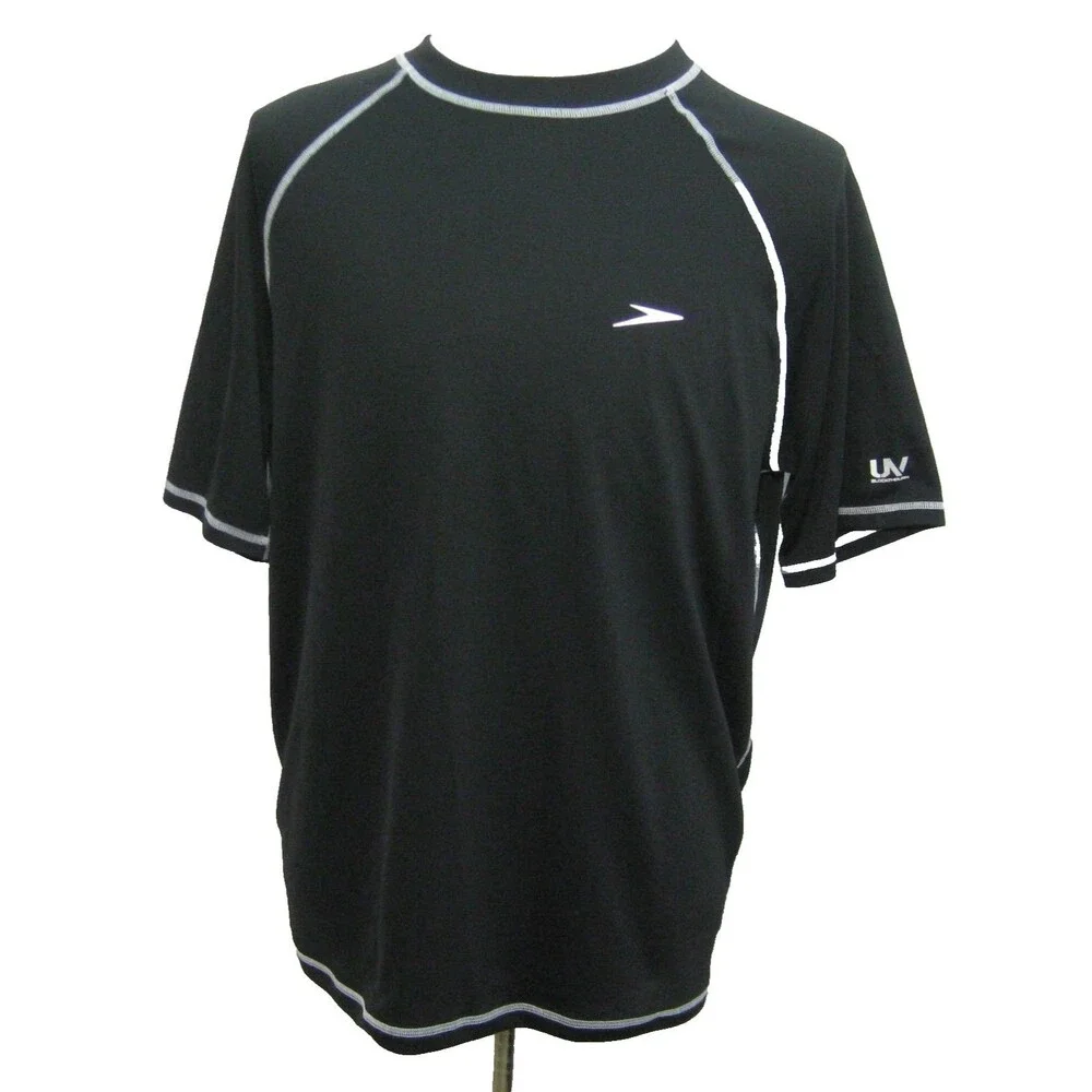 Speedo Rash Guard T-Shirt Mens Large Black Short Sleeve UV Protection Swim Beach